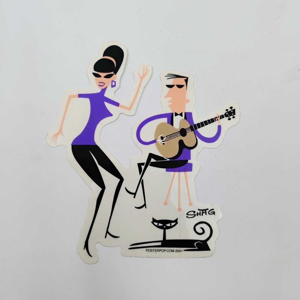 SHAG Beatnik Sticker Decal PosterPop Dancing Woman Guitar Cat VTG 2001 Josh Agle